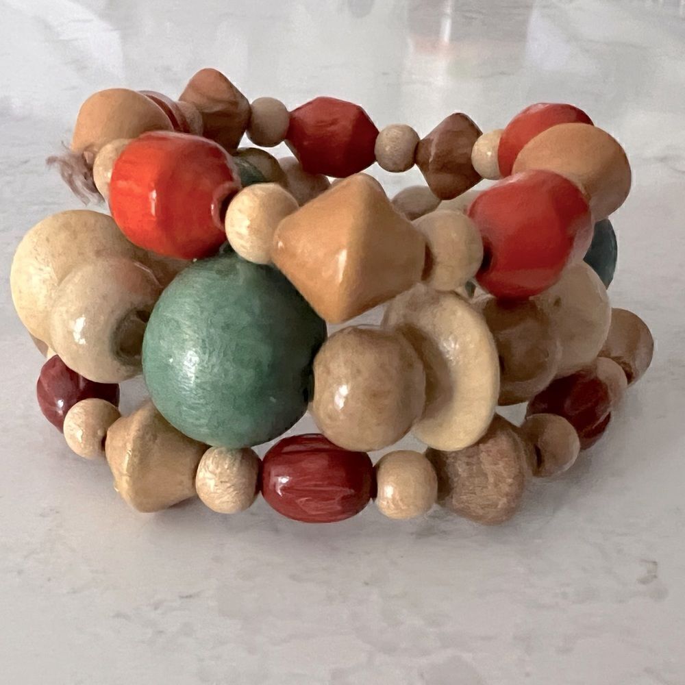 *3/$20* Boho wooden red, green and tan beaded bracelets- set of 3